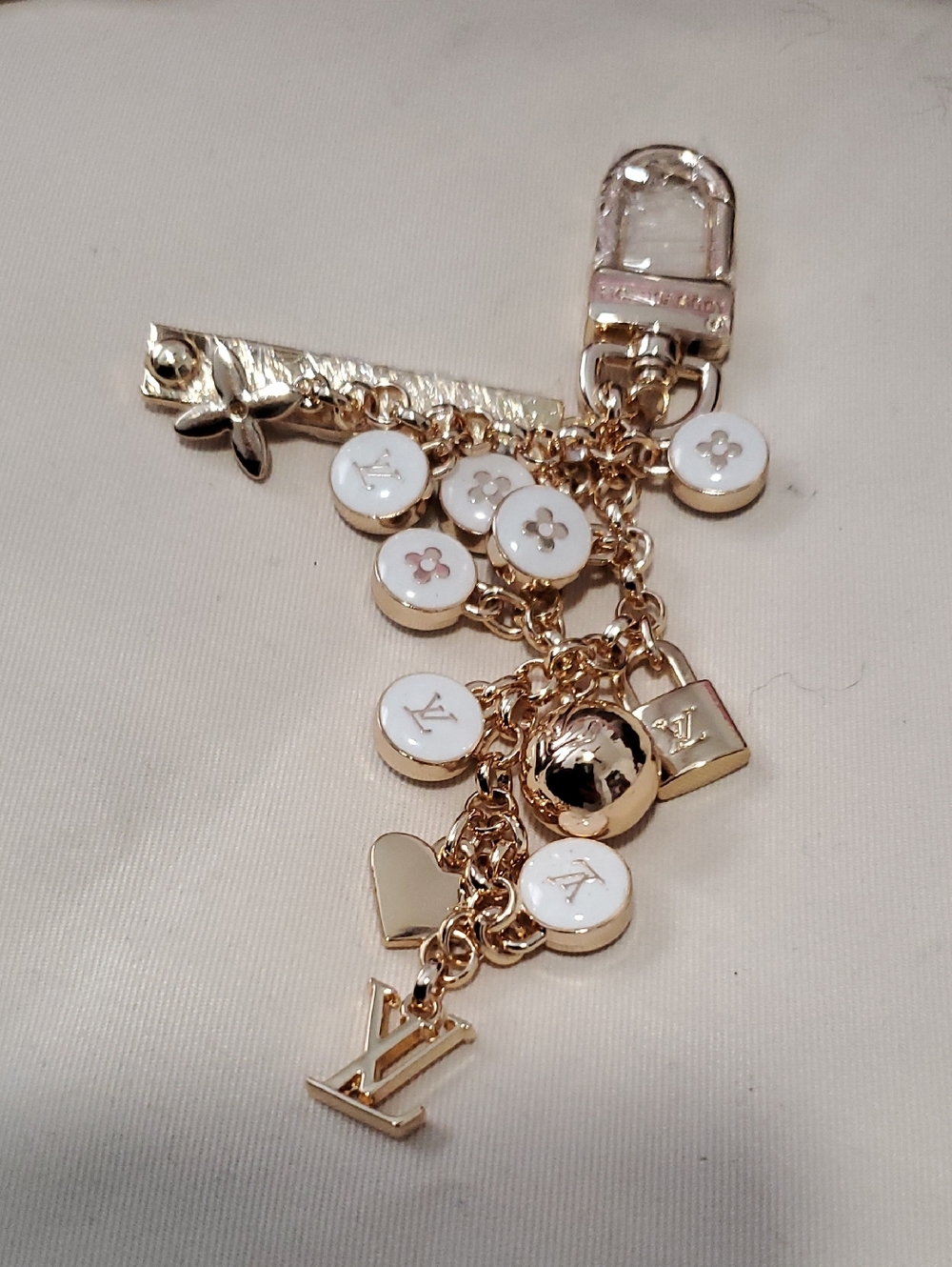 Gold and White Charm Keychain Card Holder Accessory